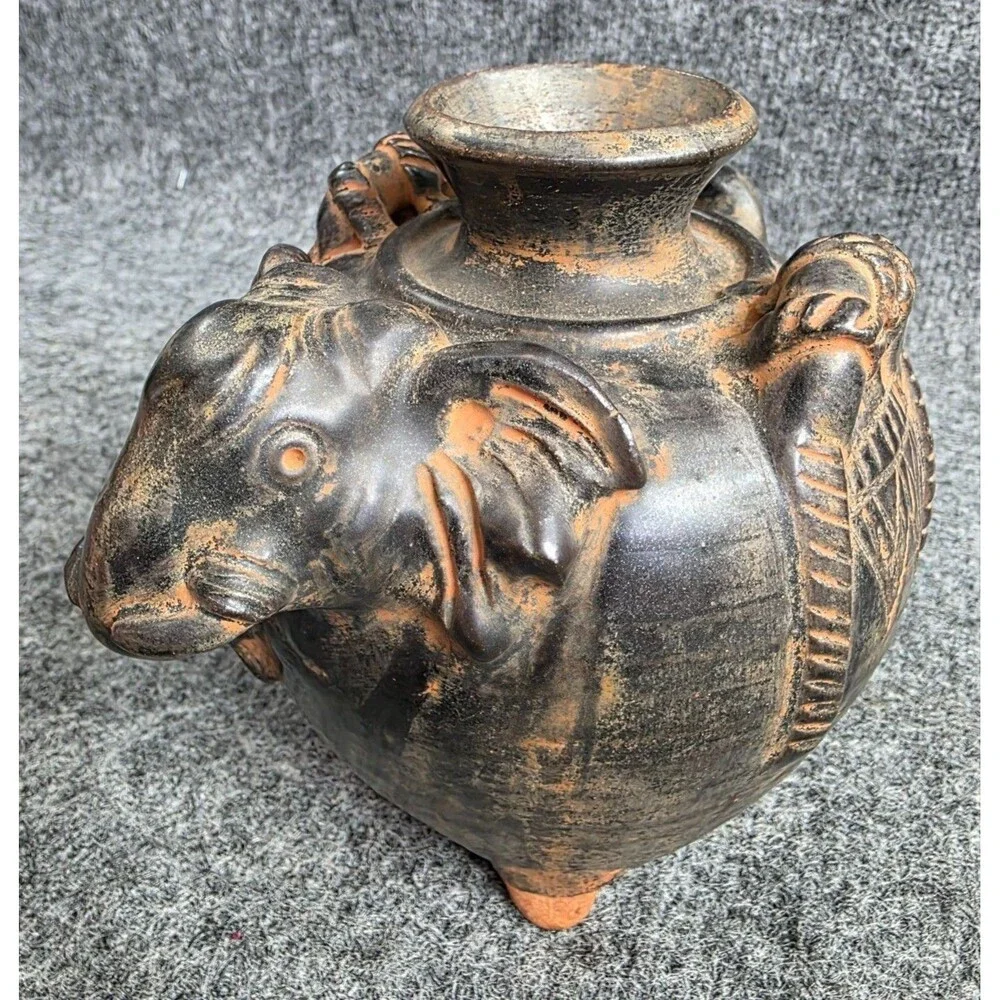 Elephant-Themed Black Terracotta Decorative Pot Made In Thailand